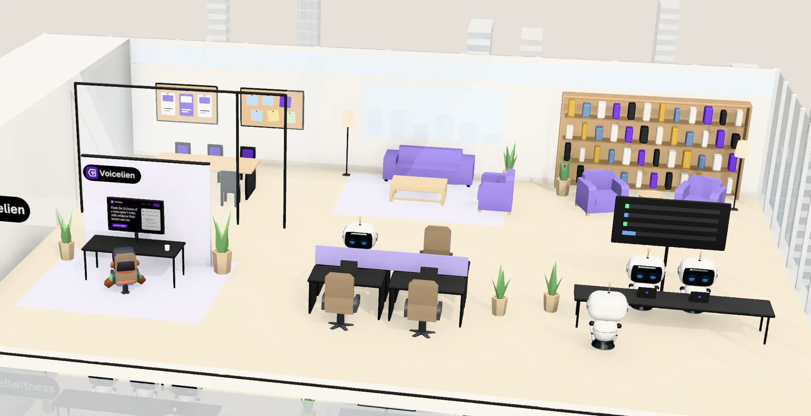 Voicelien’s office on floor 13 of Tower 2: the owner’s desk with the website on screen, the agents’ bench, a meeting room and a library